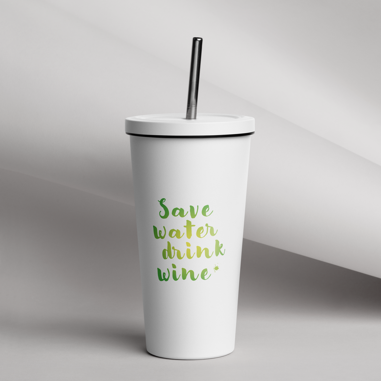 Thermobecher mit Strohhalm, mit lustigem Spruch "Save water - drink wine"