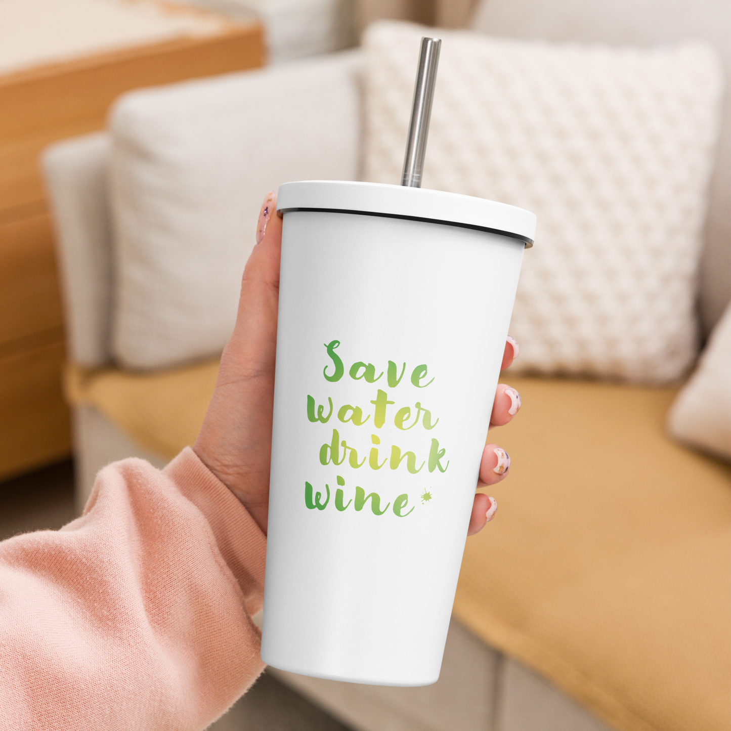 Thermobecher mit Strohhalm, mit lustigem Spruch "Save water - drink wine"