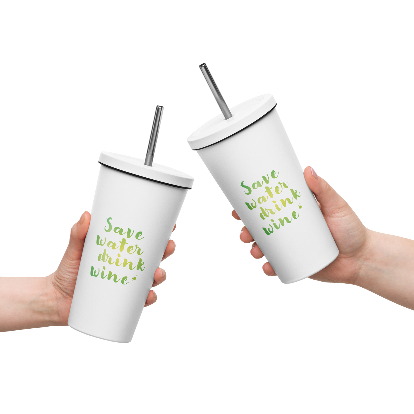 Thermobecher mit Strohhalm, mit lustigem Spruch "Save water - drink wine"